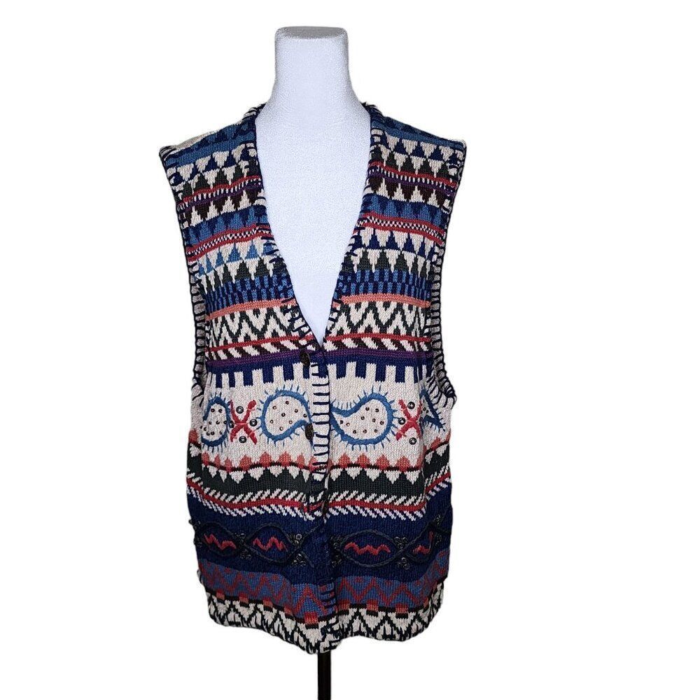 Vintage 90s J Jill Embroidered Nordic Sweater Vest Womens Size 1X Beige Multi